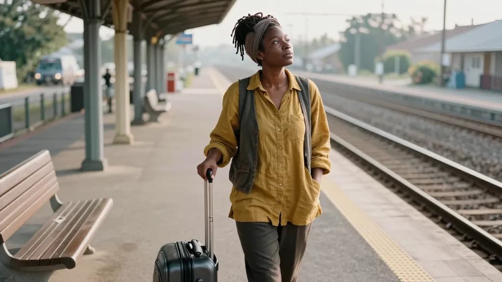 A Black woman in her mid thirties with locs gathered up in a headwrap is standing on a suburban train platform in the early morning with a wheeled suitcase u…