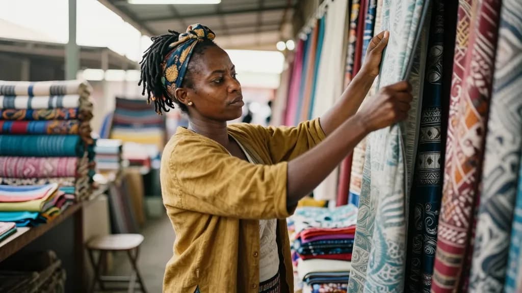 A Black woman in her mid thirties with locs gathered up in a headwrap is standing at a busy fabric stall in an indoor market, bolts of patterned cloth stacke…