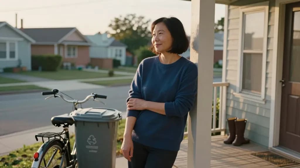 An East Asian woman in her forties with dark hair in a blunt bob is standing on the front porch of a modest suburban house at golden hour, a pair of boots by…