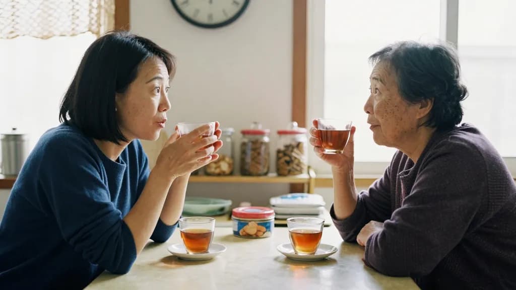 An East Asian woman in her forties with dark hair in a blunt bob is sitting at a small kitchen table opposite her elderly mother, two cups of tea and a tin o…