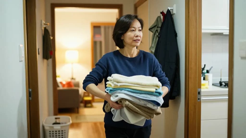 An East Asian woman in her forties with dark hair in a blunt bob is walking through the hallway of her house in the evening, a lamp-lit living room visible t…