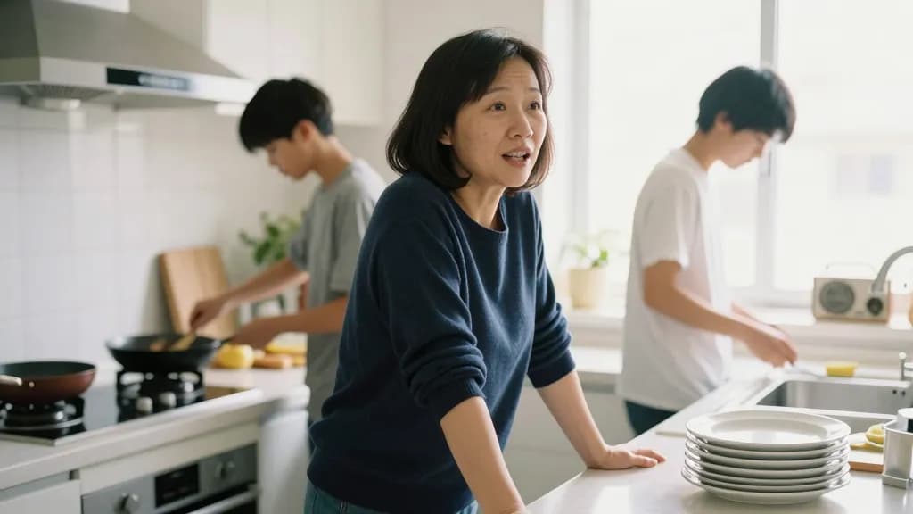 An East Asian woman in her forties with dark hair in a blunt bob is in her kitchen on a busy weekend morning with two teenagers moving around her, pans on th…