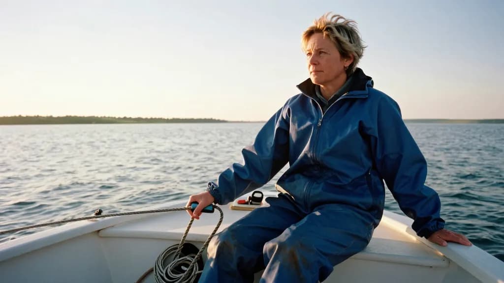 A white woman in her forties with short sandy hair is at the tiller of a small sailing dinghy on flat open water in the late afternoon, a coil of rope and a…