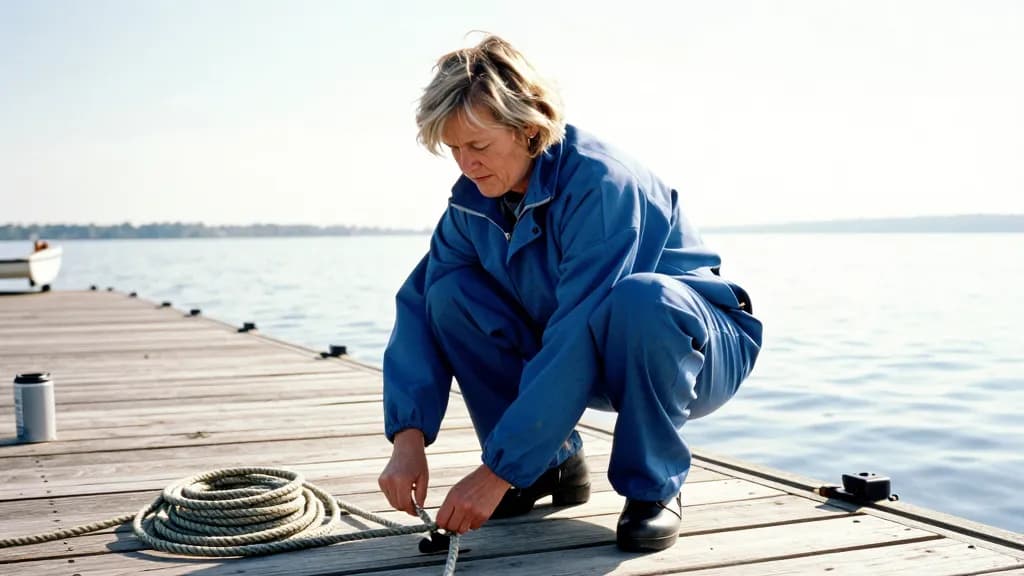 A white woman in her forties with short sandy hair is crouched on a wooden pontoon untying a mooring line, coiled rope and a fuel can on the boards beside he…
