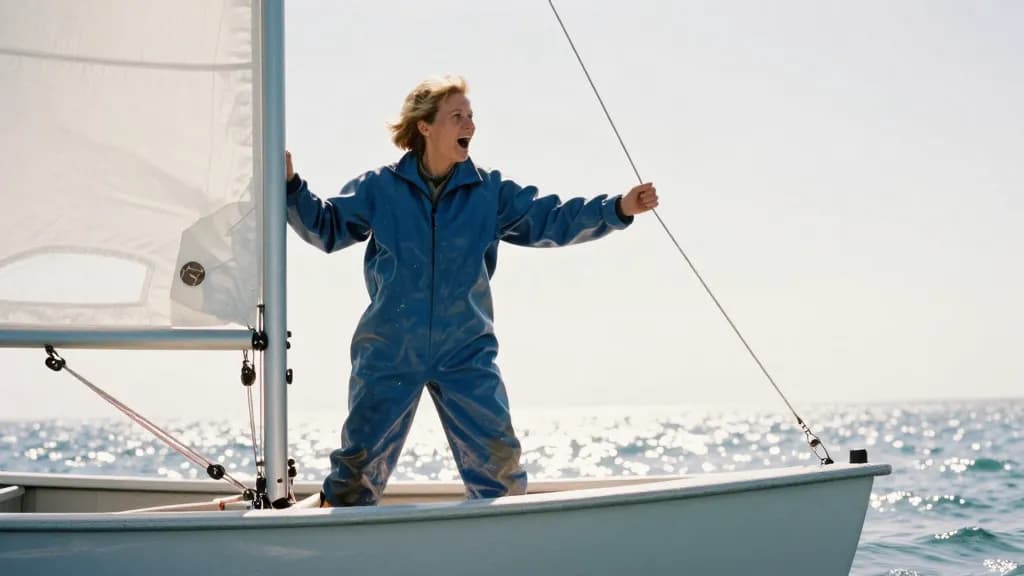 A white woman in her forties with short sandy hair is standing braced in the middle of the dinghy adjusting a sail, the boom swung across and the sail half f…