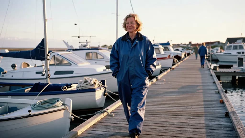 A white woman in her forties with short sandy hair is walking along a wooden jetty at the end of the day past a row of moored dinghies, coiled ropes and fold…