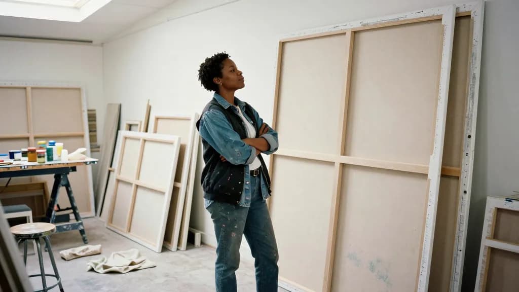 A Black woman in her mid thirties with short twists is standing in the middle of a working painter's studio, large canvases leaning in stacks against every w…