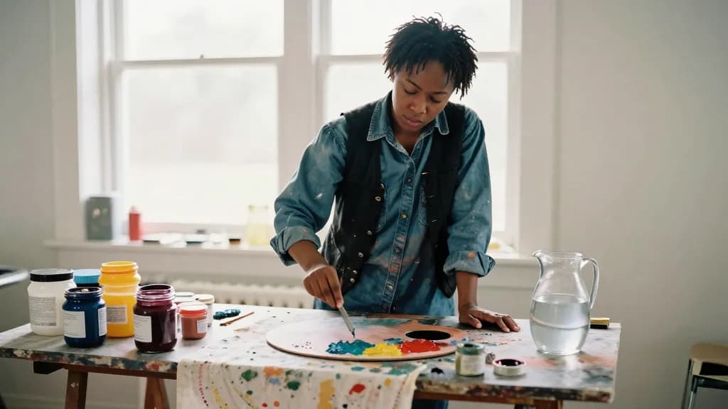 A Black woman in her mid thirties with short twists is standing at a trestle table mixing paint on a wide palette, jars of pigment and a jug of water crowdin…