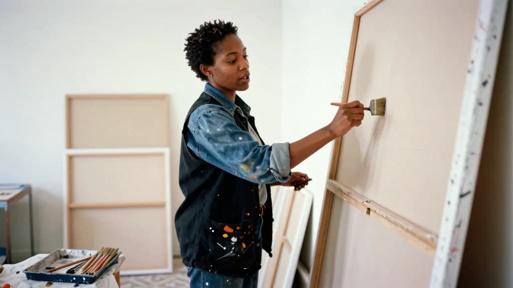 A Black woman in her mid thirties with short twists is working on a large canvas propped against the studio wall, a tray of brushes on the floor and drop she…
