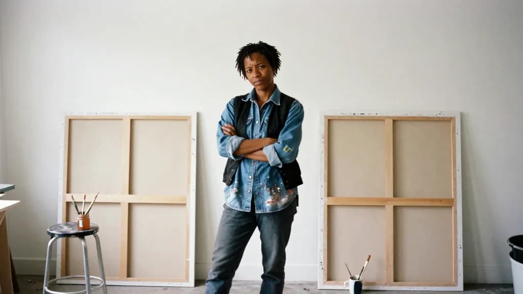 A Black woman in her mid thirties with short twists is standing well back from two large canvases propped side by side against the studio wall, a stool and a…