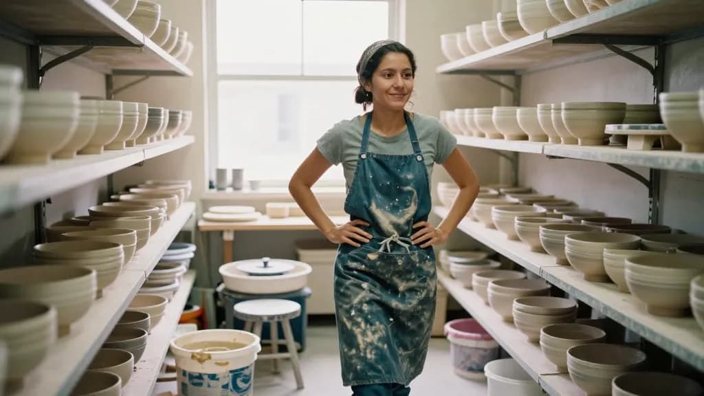 A Latina woman in her mid twenties with dark hair tied up in a scarf is standing in the middle of a small pottery studio, shelves of unfired bowls crowding a…
