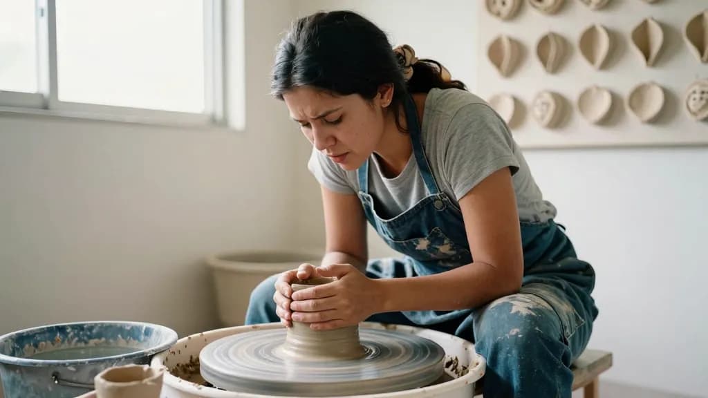 A Latina woman in her mid twenties with dark hair tied up in a scarf is sitting at a potter's wheel mid throw, a bucket of water and a rag on the floor besid…