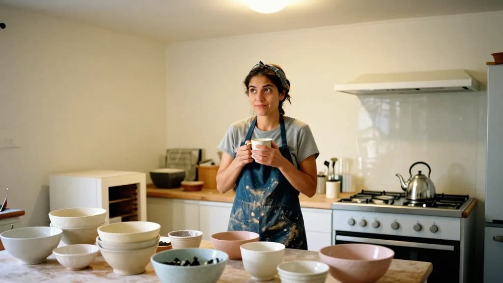 A Latina woman in her mid twenties with dark hair tied up in a scarf is standing in a small apartment kitchen that has been entirely taken over by the craft,…