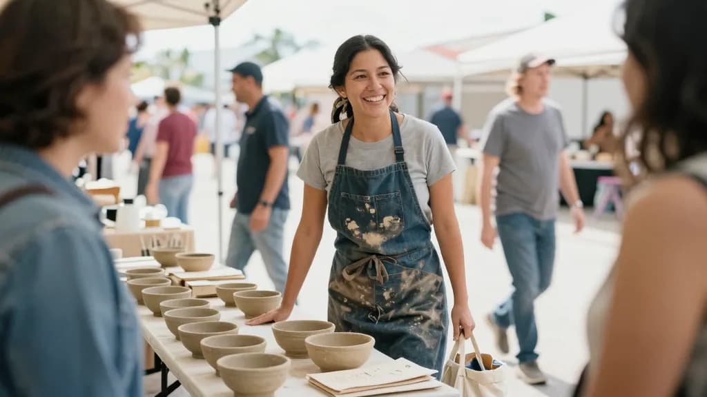 A Latina woman in her mid twenties with dark hair tied up in a scarf is behind a folding table at a weekend craft market, her bowls ranked in rows in front o…