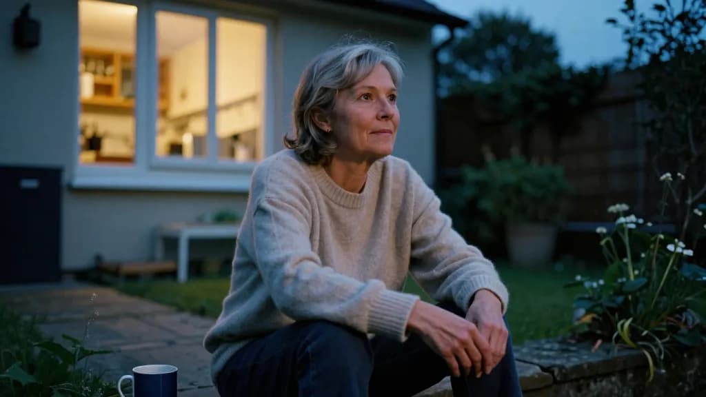 A white woman in her fifties with greying hair cut to the chin is sitting on the back step of a house in the early evening with a mug beside her on the stone…