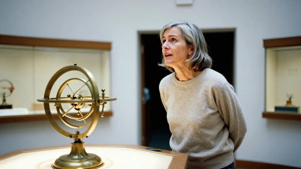 A white woman in her fifties with greying hair cut to the chin is standing in a small planetarium foyer beside a large brass orrery on a plinth, display case…