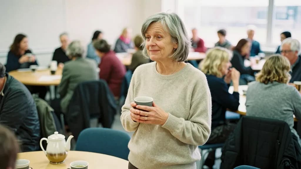 A white woman in her fifties with greying hair cut to the chin is at a crowded community centre coffee morning with a dozen very different people around tres…