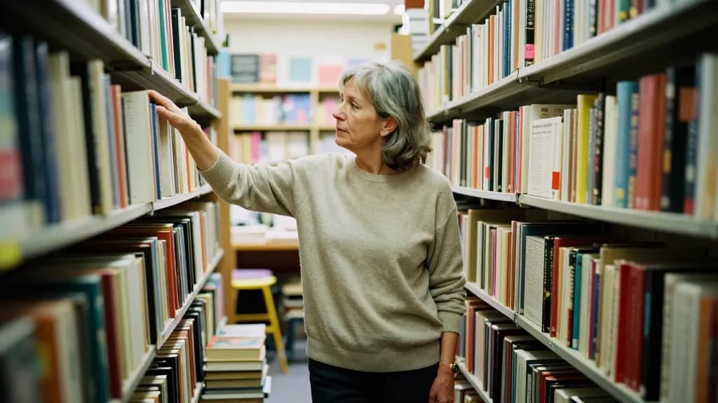 A white woman in her fifties with greying hair cut to the chin is browsing a second-hand bookshop aisle with tall shelves either side, a step stool at her fe…