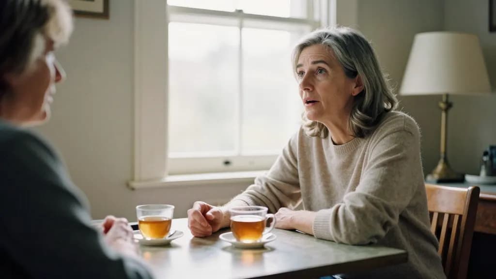 A white woman in her fifties with greying hair cut to the chin is sitting across a small table from an older woman in a quiet front room, two cups of tea bet…