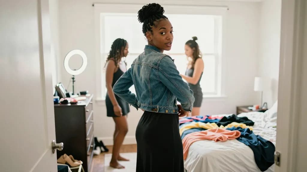 A Black woman in her late twenties with braids in a high bun is getting ready in a bedroom with two friends, clothes across the bed and a ring light on a dre…