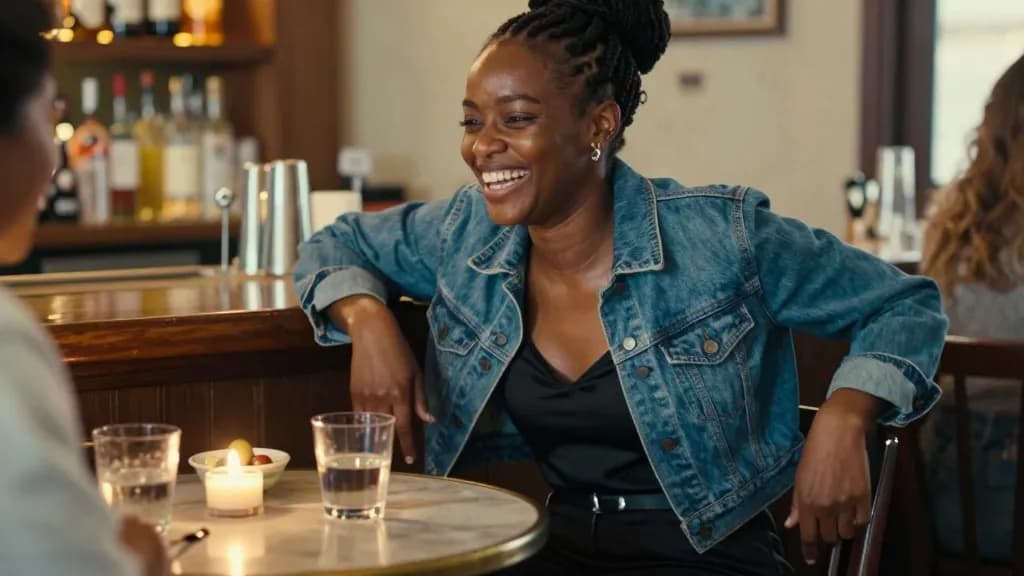 A Black woman in her late twenties with braids in a high bun is sitting opposite someone at a small candlelit bar table, two glasses and a bowl of olives bet…