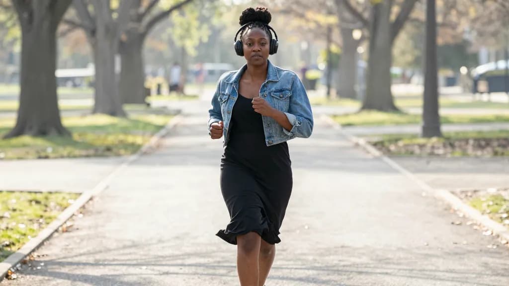 A Black woman in her late twenties with braids in a high bun is walking briskly through a park on a bright morning in running gear with headphones on, the pa…