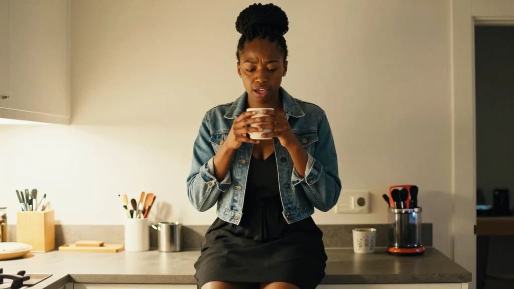 A Black woman in her late twenties with braids in a high bun is sitting on a kitchen counter at a friend's flat late at night with a mug in both hands, the f…