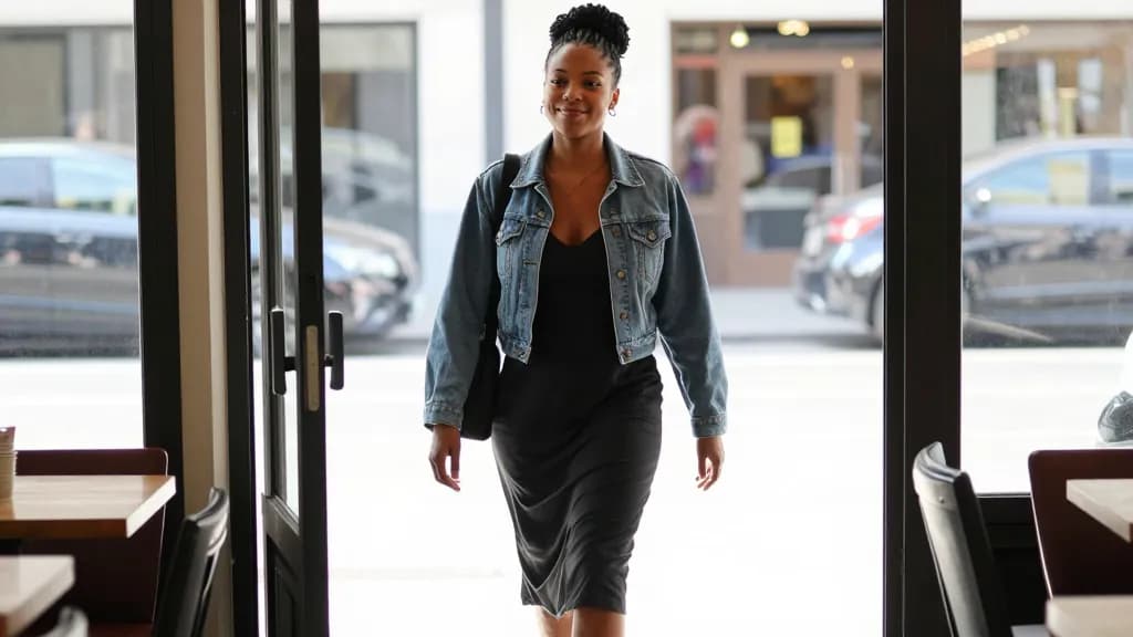 A Black woman in her late twenties with braids in a high bun is walking out of a café doorway into bright afternoon light with a bag over one shoulder, the s…