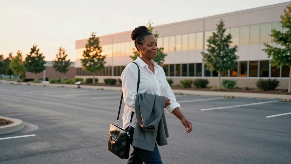 A Black woman in her forties with braided hair gathered up in a bun is walking away from a low glass office building across its empty parking lot at golden h…