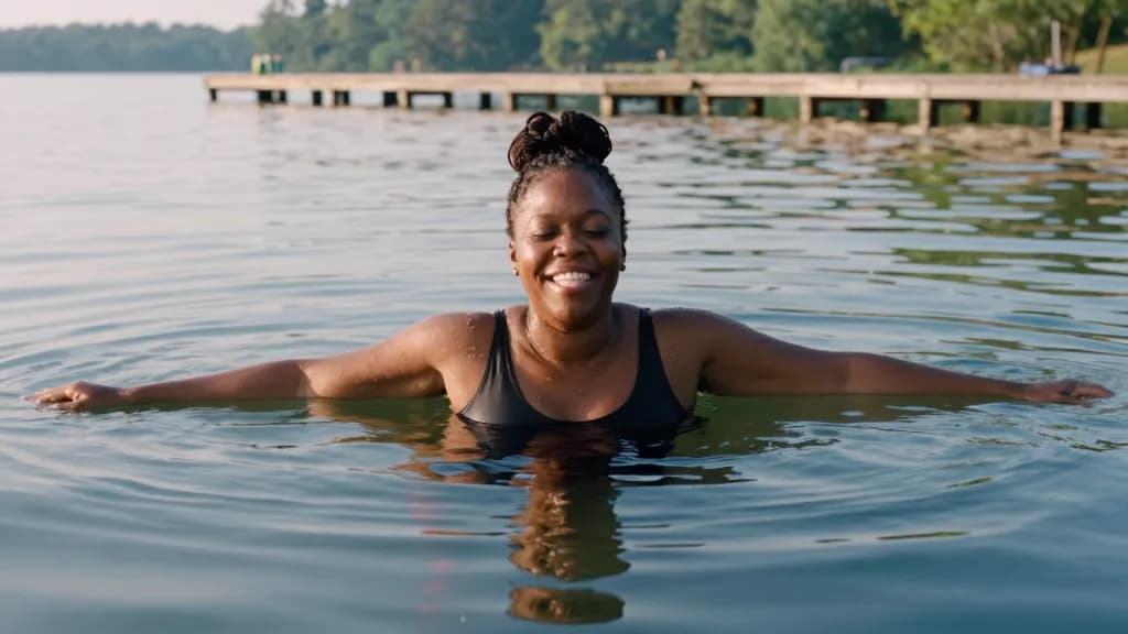 A Black woman in her forties with braided hair gathered up in a bun is floating on her back in the middle of a calm freshwater lake in the early morning, wea…
