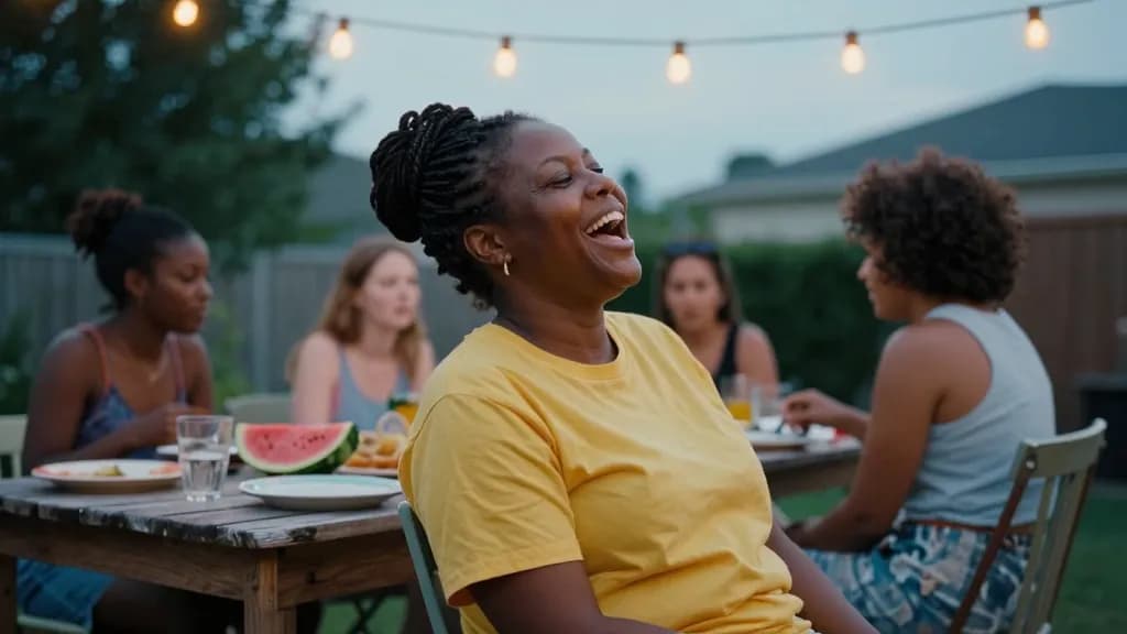 A Black woman in her forties with braided hair gathered up in a bun is sitting at a crowded backyard table on a summer evening wearing a loose yellow t-shirt…