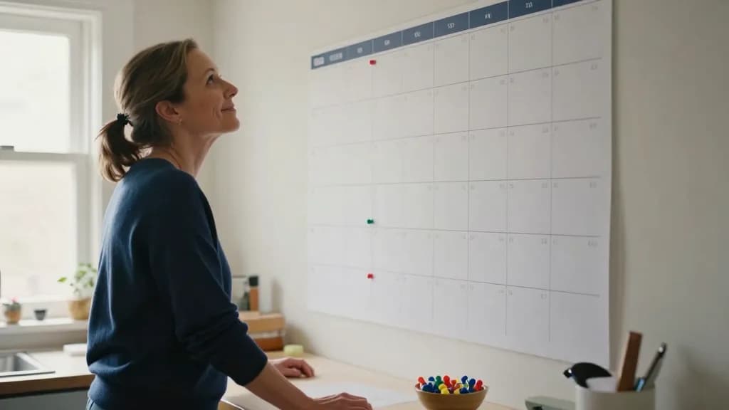 A white woman in her forties with hair in a low ponytail is standing in a kitchen in front of a large year planner pinned to the wall, coloured pins and a bo…