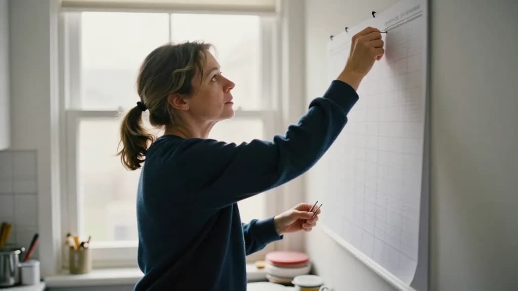 A white woman in her forties with hair in a low ponytail is pushing a pin into the planner at head height with one hand, the other holding a small pot of pin…