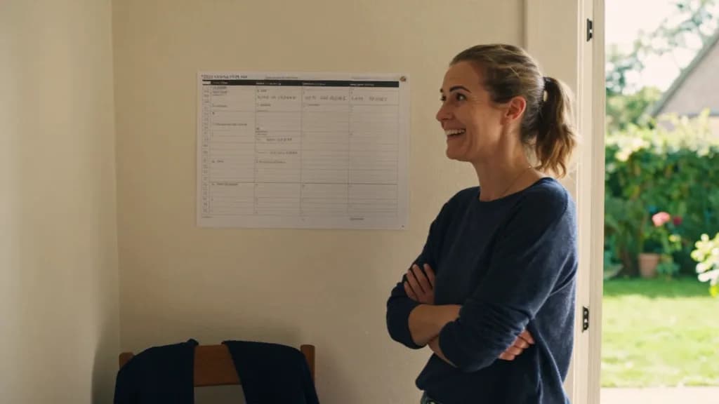 A white woman in her forties with hair in a low ponytail is standing at the same wall in summer with the planner now marked and altered, a cardigan over the…