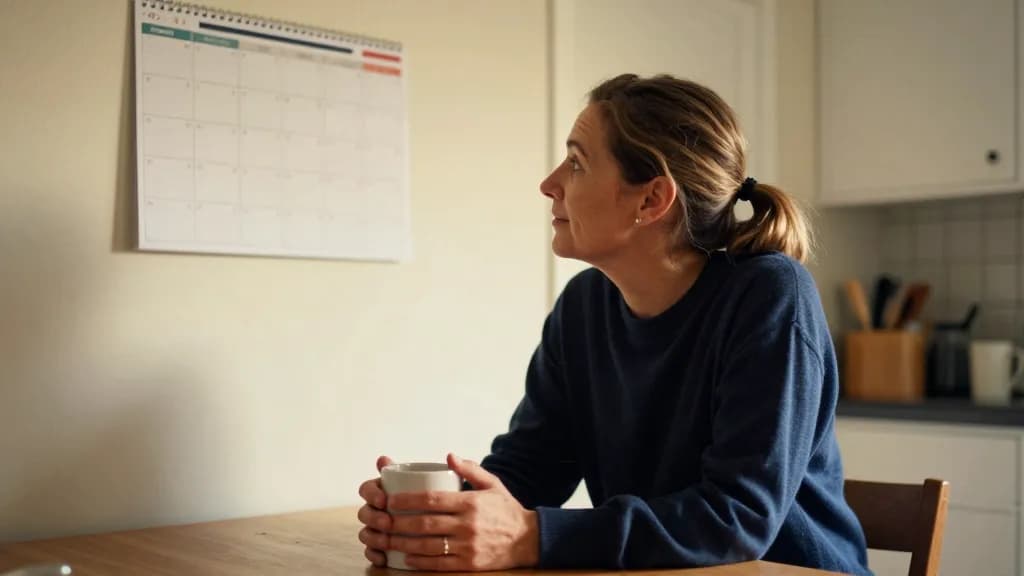 A white woman in her forties with hair in a low ponytail is sitting at the kitchen table with a mug looking across at the planner on the wall, the rest of th…