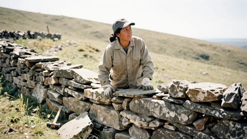 A Latina woman in her forties with dark hair tied back under a cap is standing beside a half-built dry stone wall on an open hillside, stones sorted into pil…