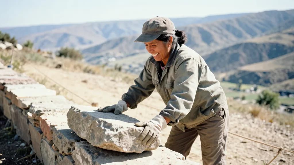 A Latina woman in her forties with dark hair tied back under a cap is lifting a large stone into place on the wall with both hands, the line running away acr…