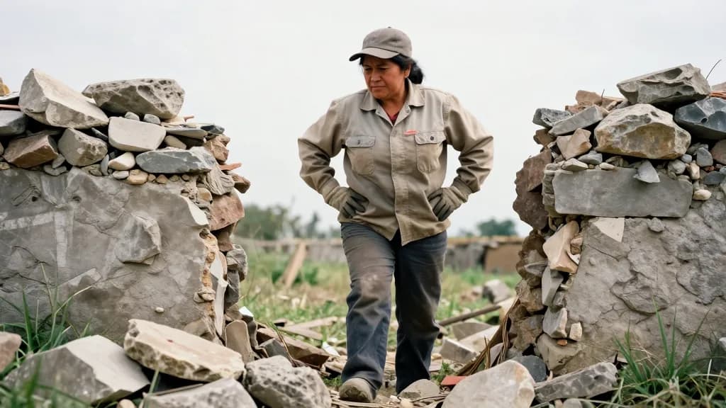 A Latina woman in her forties with dark hair tied back under a cap is standing at a section of collapsed wall with stones spilled across the grass, the rest…