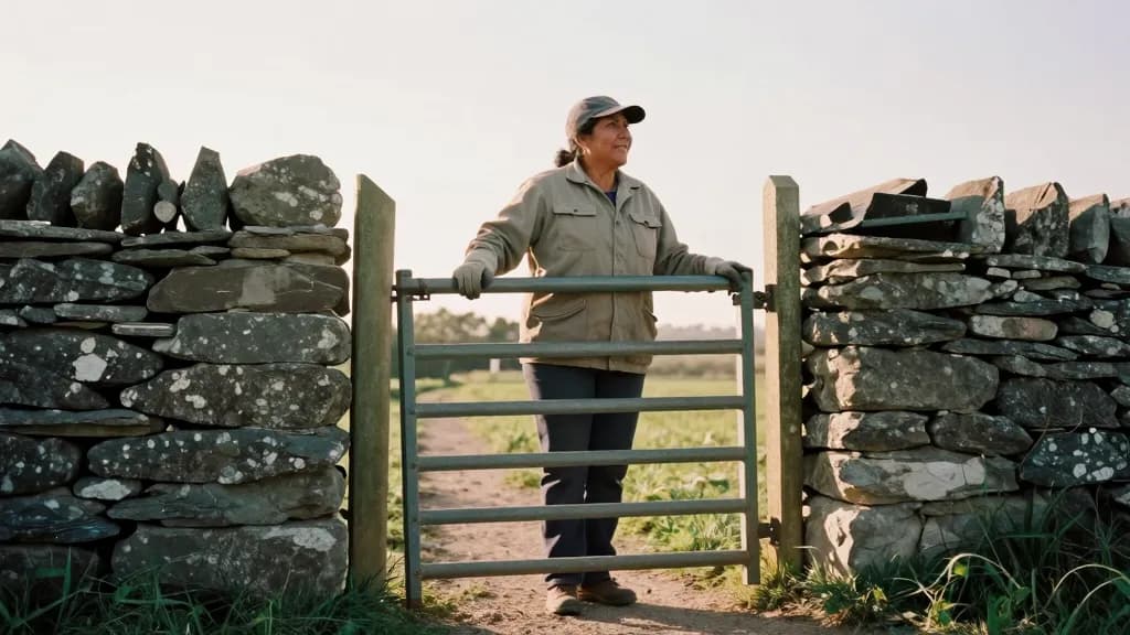 A Latina woman in her forties with dark hair tied back under a cap is standing at a field gate set into a completed dry stone wall of stacked flat stones wit…
