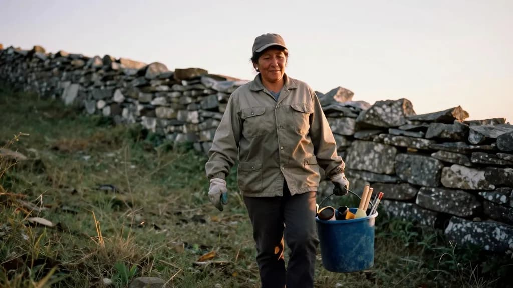 A Latina woman in her forties with dark hair tied back under a cap is walking back down the hill at the end of the day with her tools in a bucket, a long dry…