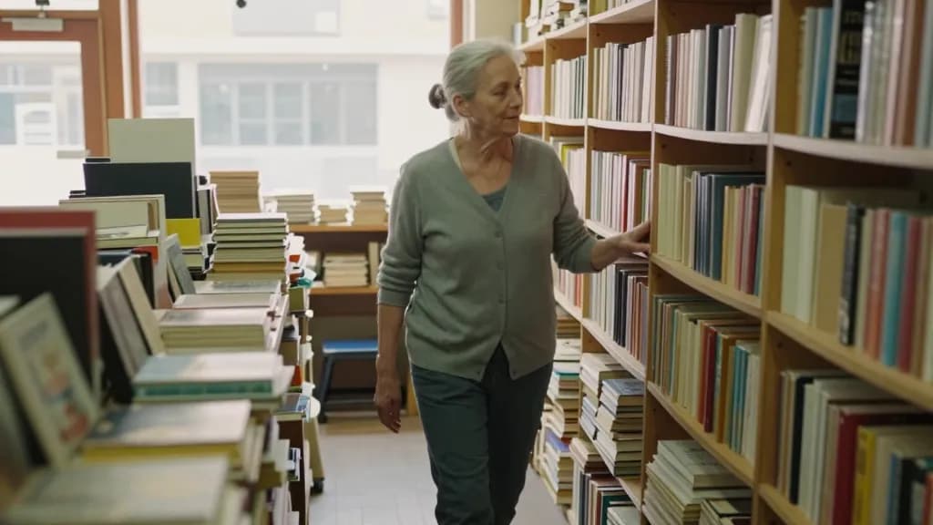 A white woman in her fifties with grey hair in a low bun is standing among the shelves of a small second-hand bookshop, stacks on the floor and a step stool…