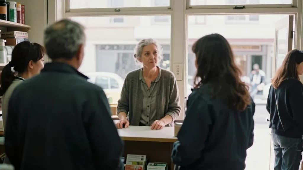 A white woman in her fifties with grey hair in a low bun is standing behind the counter during a busy hour with three customers waiting and two more browsing…