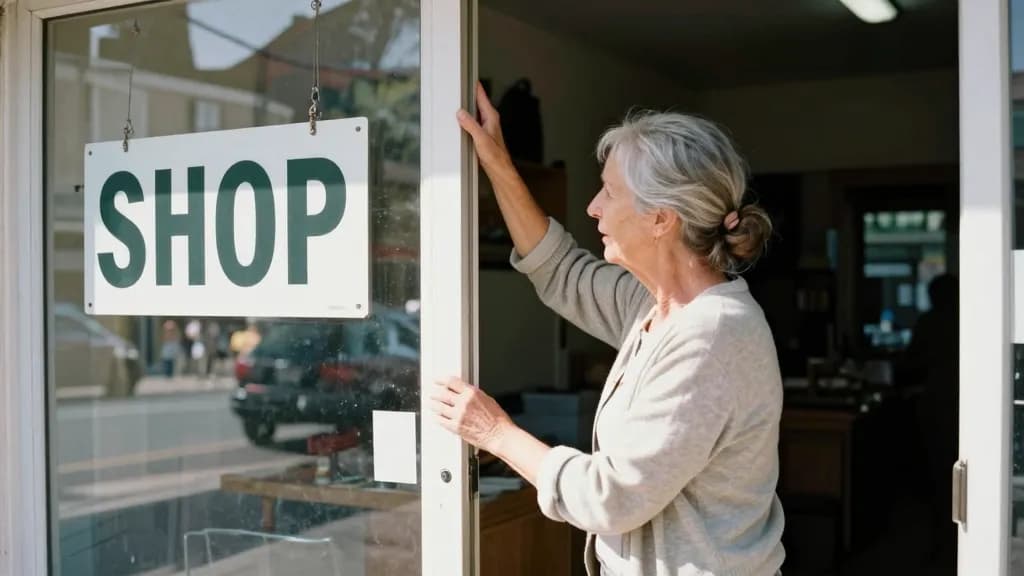 A white woman in her fifties with grey hair in a low bun is turning the shop sign and sliding the bolt across at lunchtime, the shop empty behind her and the…