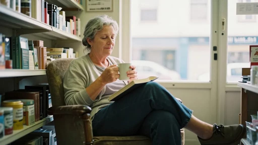 A white woman in her fifties with grey hair in a low bun is sitting in a worn armchair at the back of the closed shop with a mug and a book, the shelves arou…