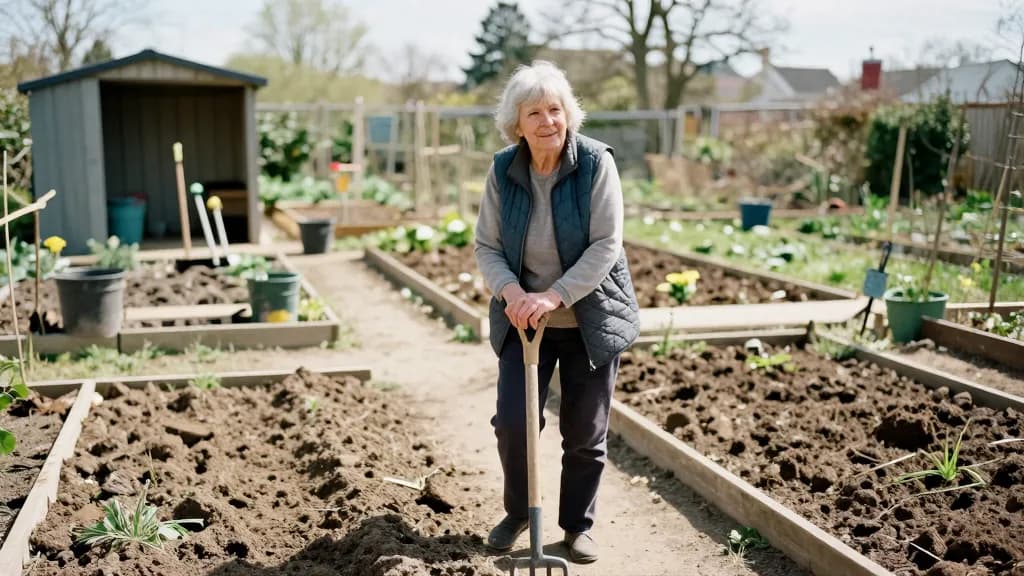 A white woman in her early sixties with short silver hair is standing in an allotment plot in early spring with beds half dug and a shed at the end of the pa…