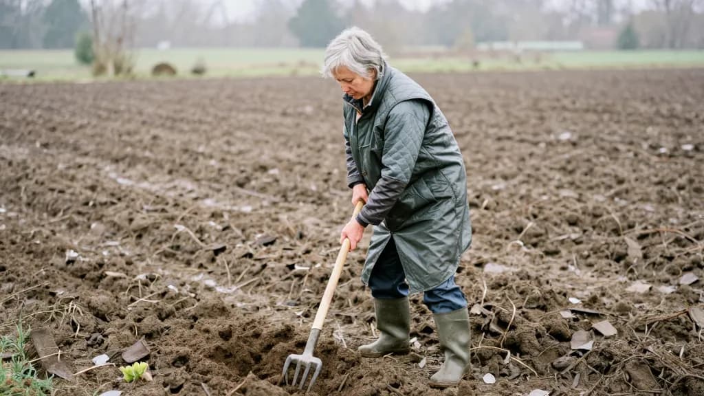 A white woman in her early sixties with short silver hair is digging steadily in a bed in flat February drizzle, wearing a waterproof over the gilet and well…