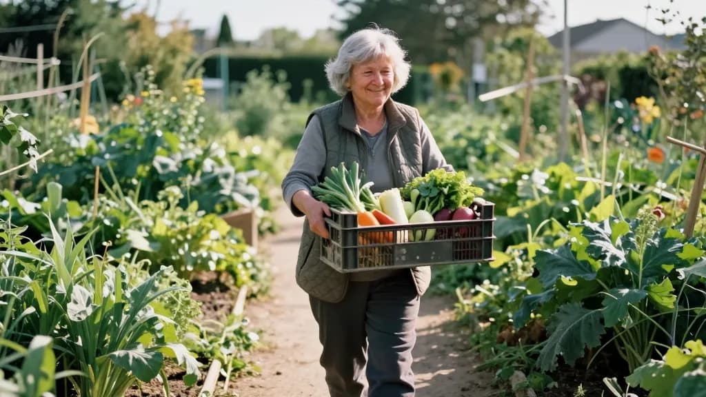 A white woman in her early sixties with short silver hair is carrying a full crate of vegetables down the allotment path in late summer, the beds high and gr…