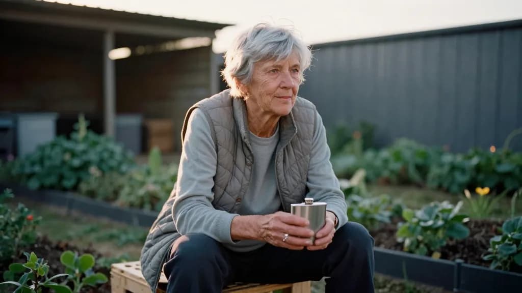 A white woman in her early sixties with short silver hair is sitting on an upturned crate outside the shed with a flask cup in both hands, the plot around he…