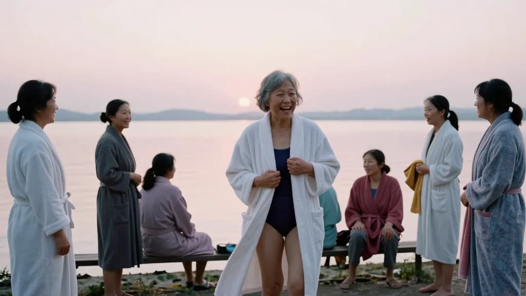 An East Asian woman in her sixties with short grey hair is standing on a lake shore at dawn among a group of eight women of very different ages, robes and to…