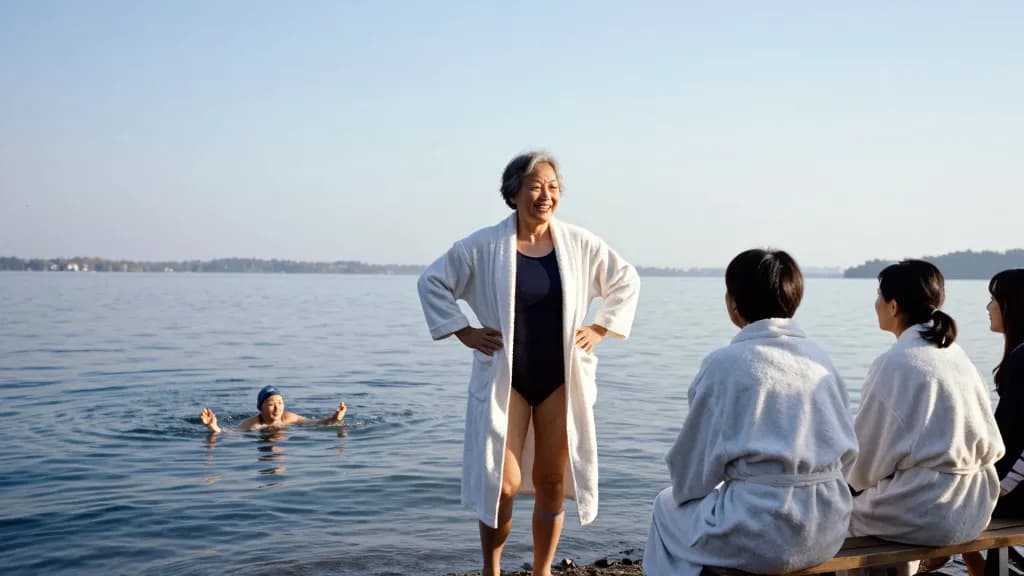 An East Asian woman in her sixties with short grey hair is watching a younger woman already swimming out across the lake while the rest of the group is still…